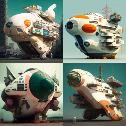 Midjourneyで「futuristic, Japan made, huge, spacecraft」と入力して生まれた画像